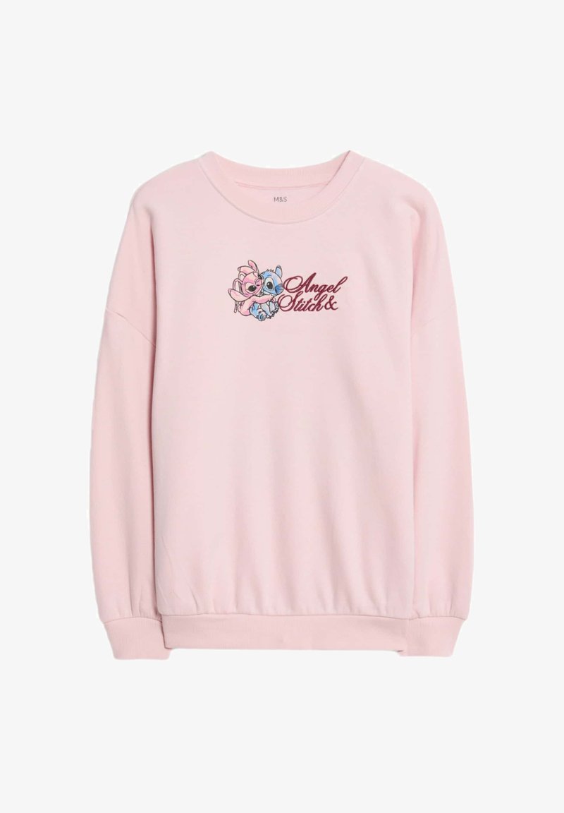 Felpa rosa chiaro con scollatura rotonda e polsini a costine. Disegno ricamato al centro di una coppia di personaggi con il testo "Angel Stitch."