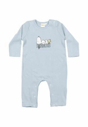 Light blue baby romper with long sleeves, snap buttons at legs and shoulder, featuring Snoopy and Woodstock with "PEANUTS" text.