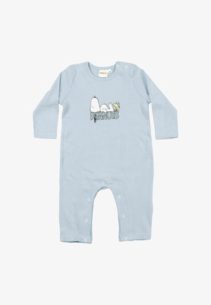 Tutina azzurra chiaro per neonato con maniche lunghe, bottoni a pressione sulle gambe e sulla spalla, con Snoopy e Woodstock e la scritta "PEANUTS".