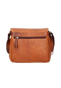 Borsa a tracolla in pelle marrone con tasca con zip, forma rettangolare e accenti cuciti. Presenta una tracolla regolabile e una texture liscia.