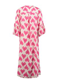 Kurzärmeliges Kleid aus cremfarbenem Stoff mit einem pinken Herzmuster. Hat eine lockere Passform und Rüschchenärmel für zusätzliche Details.