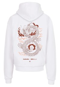 White hooded sweatshirt featuring a large dragon graphic in brown tones, with swirling clouds and text accents below the design. Classic fit.