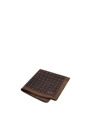 Brown folded pocket square with small light brown polka dots and a darker brown border, featuring the "Boggi" logo.