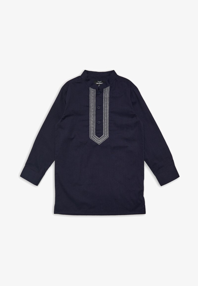 Dunkelblaues Langarmhemd aus gewebtem Stoff mit Stehkragen. Verfügt über aufwendige silberne Stickerei entlang der Knopfleiste und der Knöpfe.