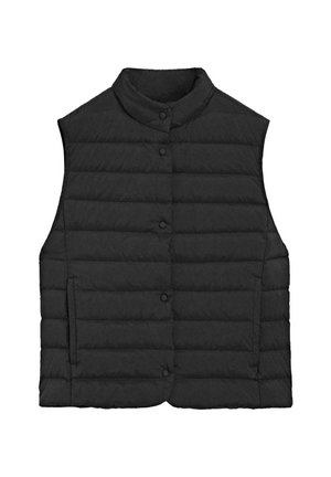 Veste sans manches matelassée noire avec des boutons-pression sur le devant et un col montant, posée à plat sur un fond blanc.