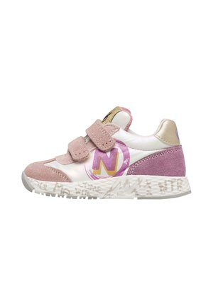 Children's sporty sneaker with pink suede straps, white and pink leather upper, purple and gold logo, and white patterned rubber sole.