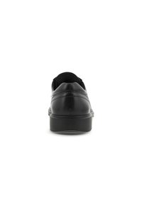 Scarpa in pelle nera vista da dietro, con un tacco basso, una texture liscia e sottili accenti di cucitura lungo la tomaia.