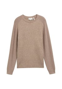 Beige tröja med rund halsringning, raglanärmar och ribbade manschetter, tillverkad av mjukt tyg med en subtil textur.