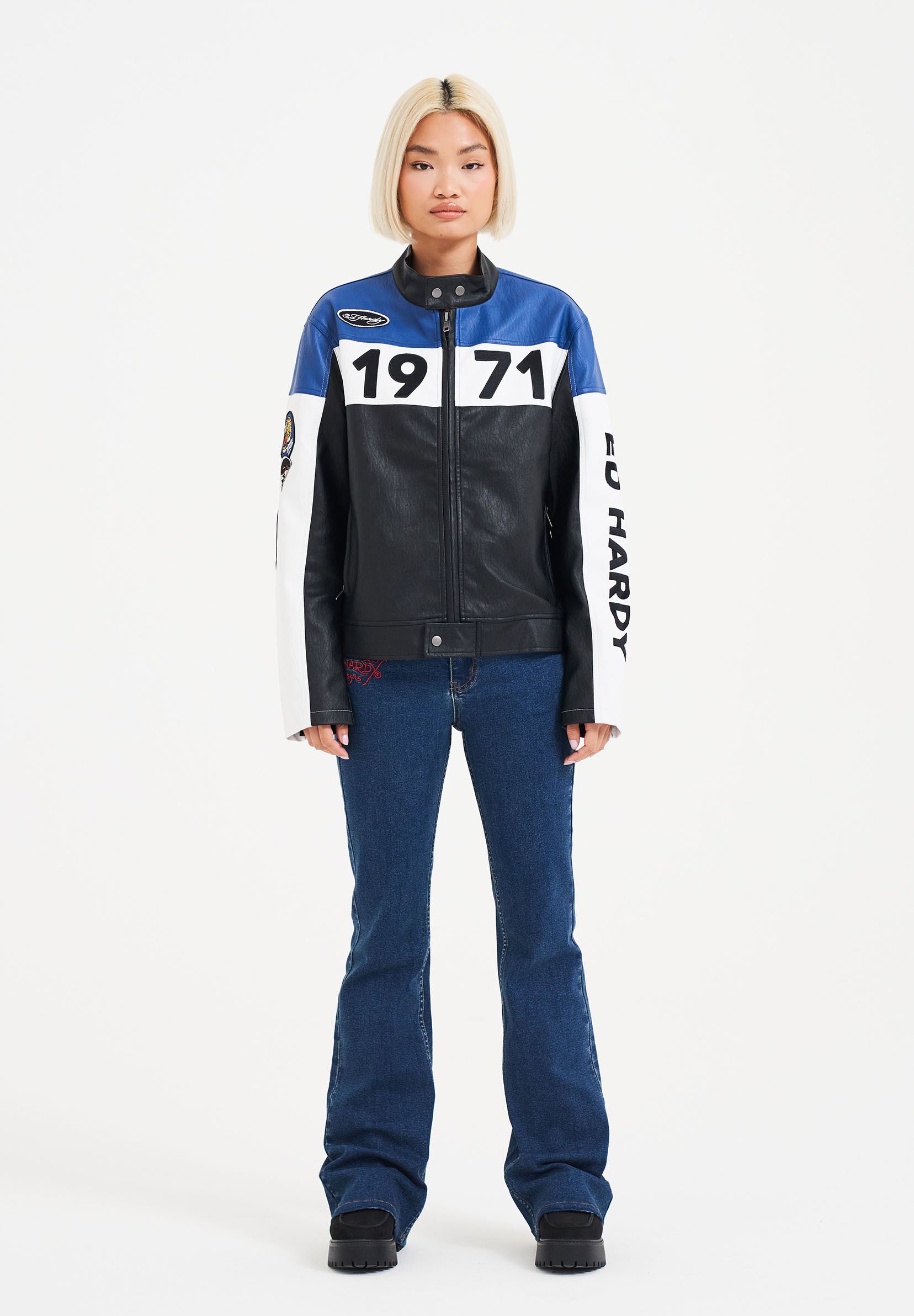 Ed Hardy MOTO - Imitatieleren jas - black blue white/blauw