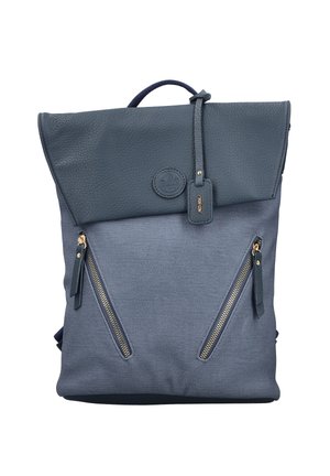Blue backpack with textured flap, two diagonal front zip pockets, and a top handle with a hanging tag.