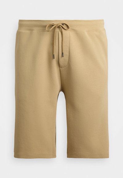 Calções de algodão bege misto com um cós elástico ajustável, corte slim, bolsos laterais e bainha cosida. Textura suave, design casual.