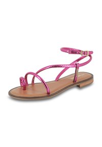 Pink metallic sandal with thin straps and a buckle, featuring a flat sole and minimalistic design. Smooth, textured upper and leather insole.