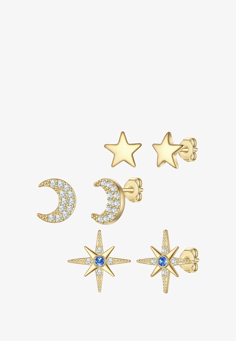 Tri páry náušníc zo zlateného kovu, ktoré sú ozdobené dizajnom polmesiaca s priehľadnými kamienkami, hviezdicou a hviezdny efekt s modrým akcentom.