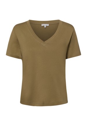 Koszulka bawełniana z krótkim rękawem w kolorze oliwkowym z dekoltem w serek, prostym dołem i widocznym przeszyciem.