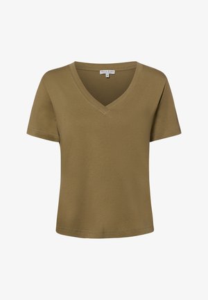 Koszulka bawełniana z krótkim rękawem w kolorze oliwkowym z dekoltem w serek, prostym dołem i widocznym przeszyciem.