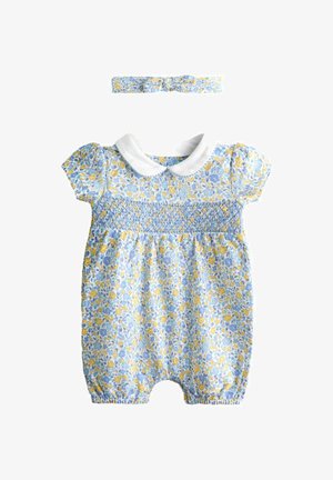Blåt og gult blomster baby romper med hvid Peter Pan krave og matchende blomster pandebånd.