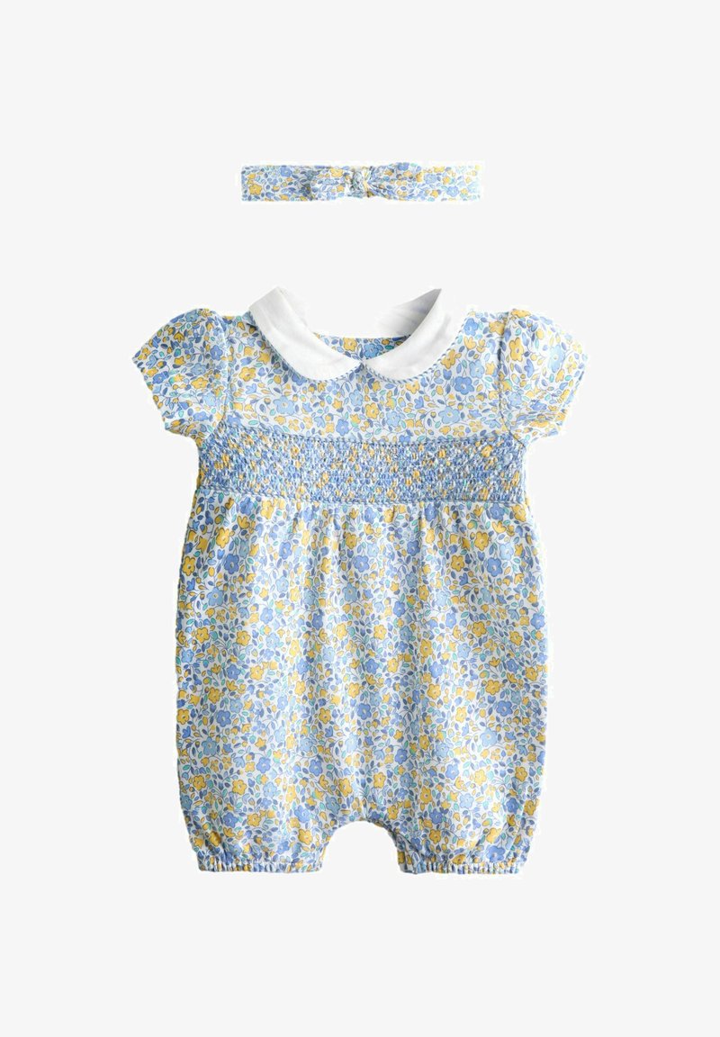 Combinaison bébé fleurie bleue et jaune avec col Peter Pan blanc et bandeau assorti à motifs floraux.
