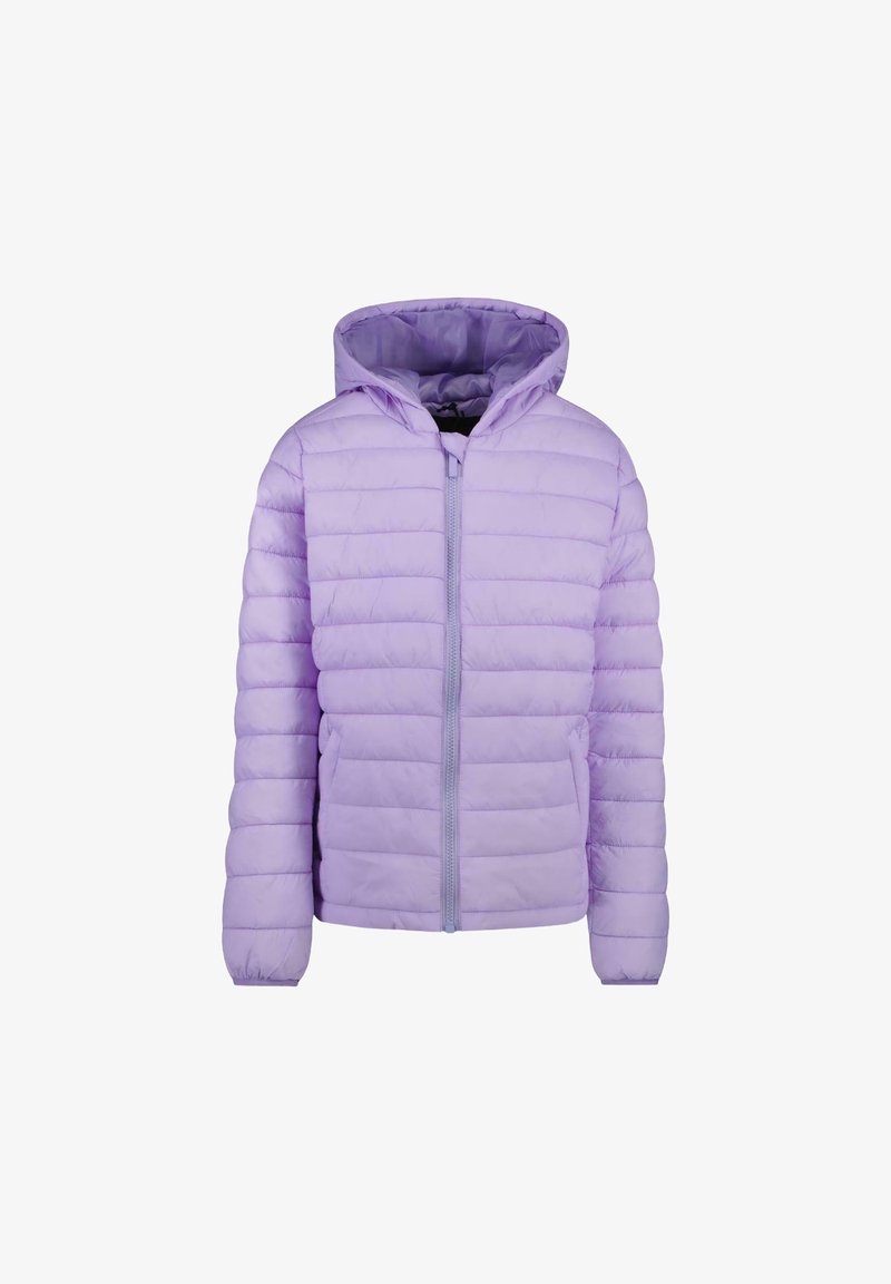 Lichtpaars gewatteerd jack met een capuchon, voorzien van een rits aan de voorkant en een horizontaal gestikt ontwerp. Zachte textuur en elastische manchetten voor comfort.