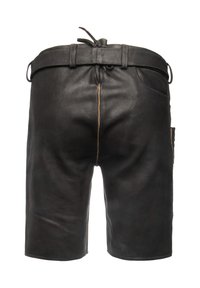 Černé kožené kraťasy s poutkem na opasek a stahovací šňůrkou, hnědým prošíváním a boční kapsou pro zvýšení funkčnosti.