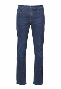 Mörkblå denimjeans med rak passform, femfickstyp och subtila blekningar. Inkluderar ett knäpp- och dragkedjeslut.