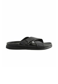 Sandale glissante en cuir noir avec un design à brides croisées, semelle plate et dessus texturé. Esthétique durable et minimaliste.