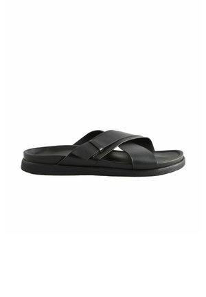 Sorte læderslippers med krydsremdesign, flad sål og tekstureret overdel. Holdbar, minimalistisk æstetik.