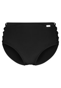 Czarne majtki bikini z wysokim stanem, z dekoracyjnymi marszczeniami po bokach, gładką teksturą i małym akcentem logo z przodu po prawej stronie.