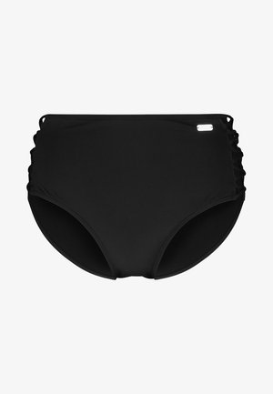Schwarze Bikini-Höschen mit hoher Taille, seitlichen Rüschendetails, glatter Textur und einem kleinen Logo-Akzent auf der rechten Vorderseite.