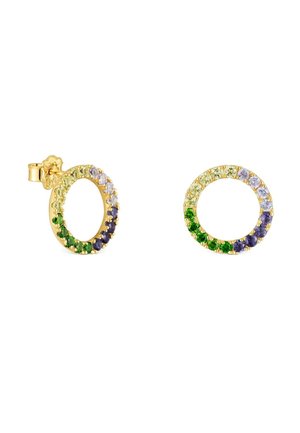 Paire de boucles d'oreilles clous circulaires en or, serties de pierres précieuses vertes, violettes et jaune clair alternées en un motif de cercle continu.