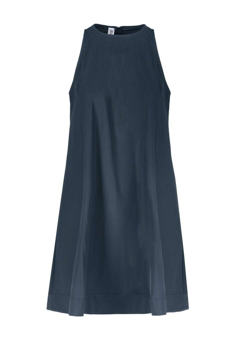 Sleeveless navy dress with a round neckline, smooth texture, flared silhouette, side slits at the hem, and back zip closure.