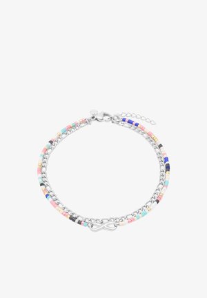 Sølvkædearmbånd med flerfarvede perler i pink, blå, sort og guld, med et evighedssymbol som accent og en justerbar lås.