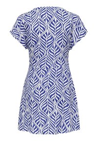 Robe à manches courtes bleue et blanche avec un motif vertical évoquant des feuilles, taille cintrée et jupe évasée vue de dos.