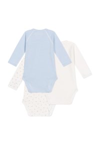 Set di tre body a manica lunga: uno a righe blu chiaro, uno bianco semplice e uno bianco con piccoli cuori grigi. Materiale in cotone morbido.