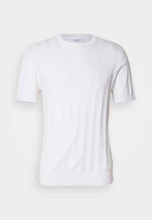 Short-sleeve white knit t-shirt with vertical ribbed texture and a round neckline. Features a fitted hem and subtle logo tag on the side.