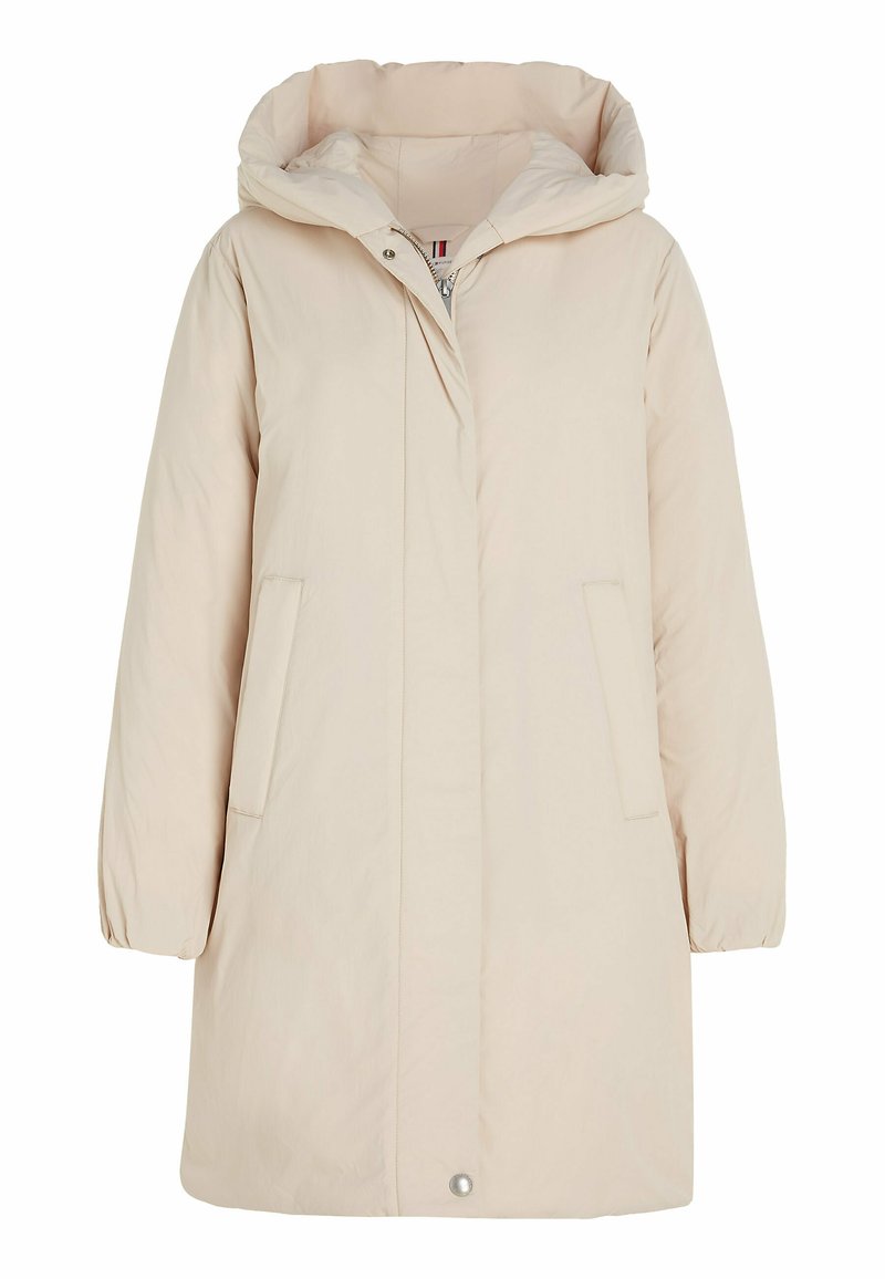 Hellbeige Daunenjacke mit Kapuze, Frontreißverschluss und zwei Seitentaschen. Sie verfügt über elastische Bündchen und einen Druckknopfverschluss am Saum.