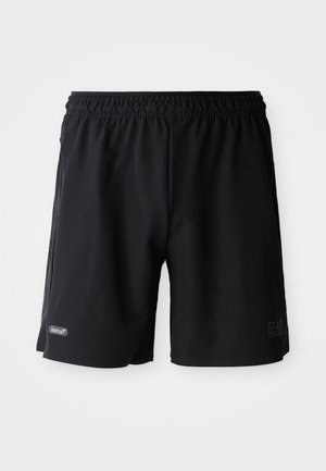 Black elastic waist sports shorts with subtle logos "VENTUS7" and "EA7 Emporio Armani" on the front sides against a white background.