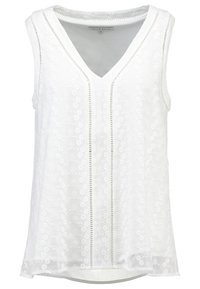 Haut sans manches blanc avec un col en V, motif floral brodé et tissu transparent avec une doublure unie ; orné de découpes verticales.