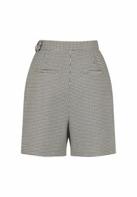 Czarno-białe szorty w kratę gingham o dopasowanym kroju, z wysokim stanem, dwoma tylnymi kieszeniami i gładką teksturą.