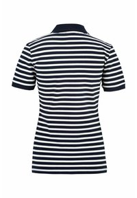 Navy- und weiß gestreiftes Poloshirt aus einem weichen Material, mit klassischem Kragen und kurzen Ärmeln mit gerippten Abschlüssen.