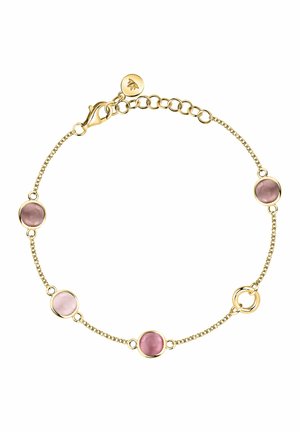 Delicato braccialetto con catena d'oro con quattro pietre preziose tonde rosa distribuite uniformemente e una chiusura a moschettone con maglie regolabili.