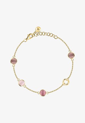 Delicato braccialetto con catena d'oro con quattro pietre preziose tonde rosa distribuite uniformemente e una chiusura a moschettone con maglie regolabili.