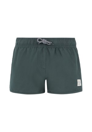 Pantaloni da bagno verde scuro realizzati in tessuto leggero, con vita elasticizzata e cordino nero e bianco, e una piccola etichetta con il logo.