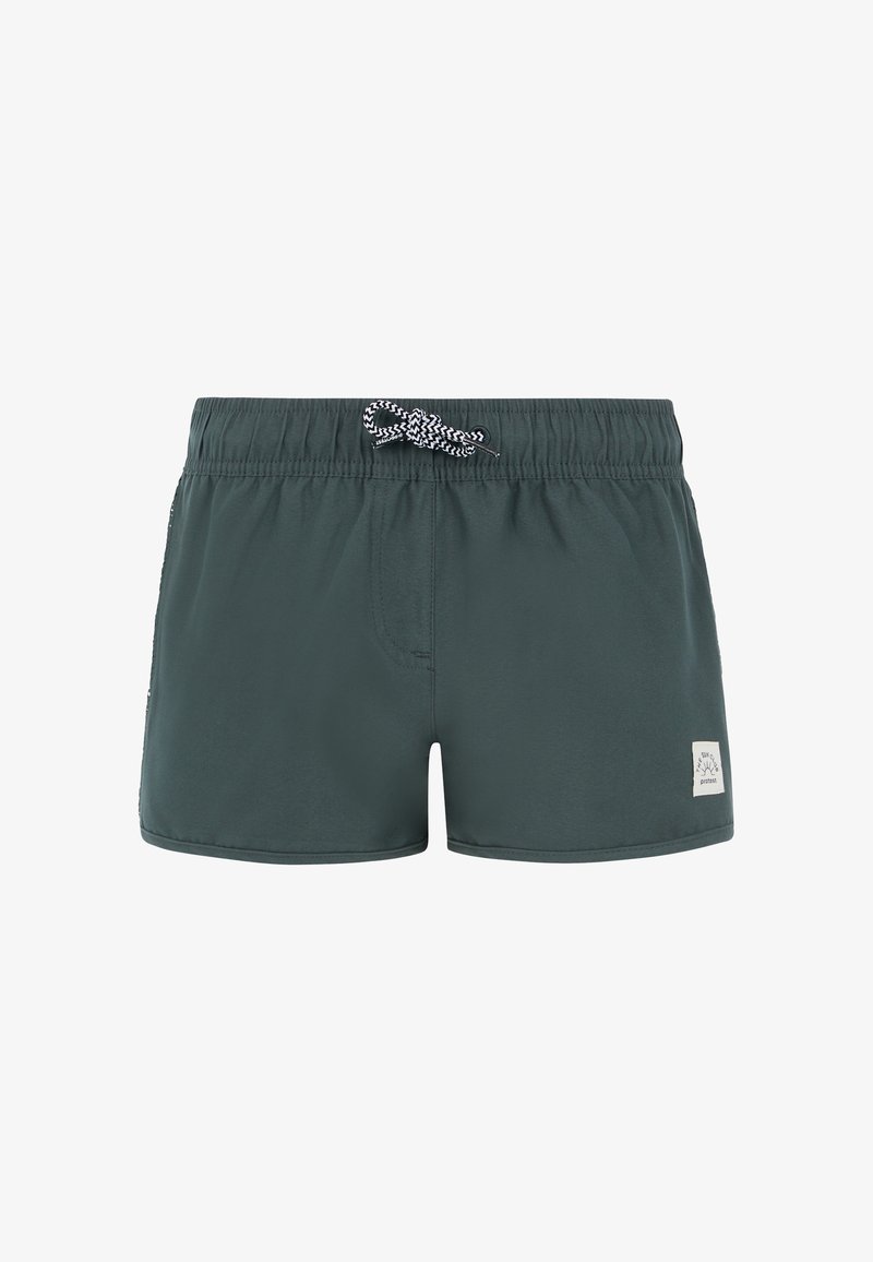 Pantaloni da bagno verde scuro realizzati in tessuto leggero, con vita elasticizzata e cordino nero e bianco, e una piccola etichetta con il logo.