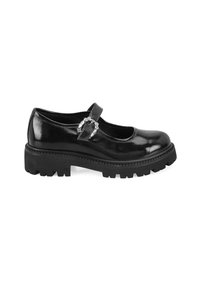 Zwarte gepatineerde leren Mary Jane-schoen met een chunky, gestructureerde zool. Voorzien van een bandje met een decoratieve gesp bij de enkel.