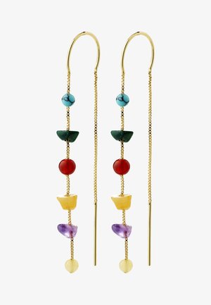 Gouden draad oorbellen met verticaal uitgelijnde kleurrijke kralen: turquoise, donkergroen, rood, geel, paars en lichtgeel.