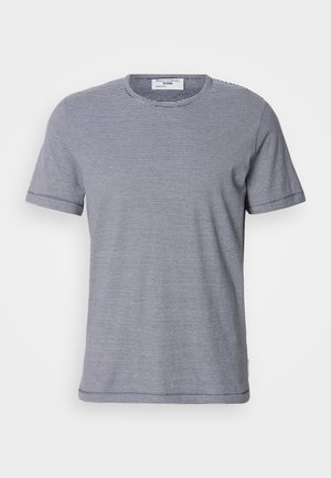 Gestreiftes, kurzärmliges T-Shirt in Marineblau und Weiß, mit Rundhalsausschnitt, weichem Stoff und subtilen Nähten an den Schultern.