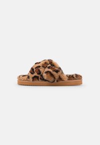 Leopard print faux fur slide slippers with a soft, textured upper and a tan rubber sole, featuring a wide strap for comfort.