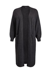 Dunkelgrauer langer Cardigan aus weichem Strickstoff, mit weiten Ärmeln, offenem Frontbereich und zwei vorderen Taschen.