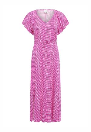 Pink and white short-sleeve maxi dress with V-neck, waist tie, and small heart pattern throughout.