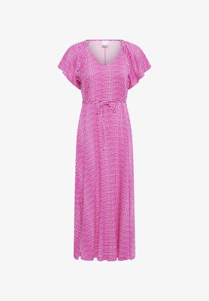 Pink and white short-sleeve maxi dress with V-neck, waist tie, and small heart pattern throughout.